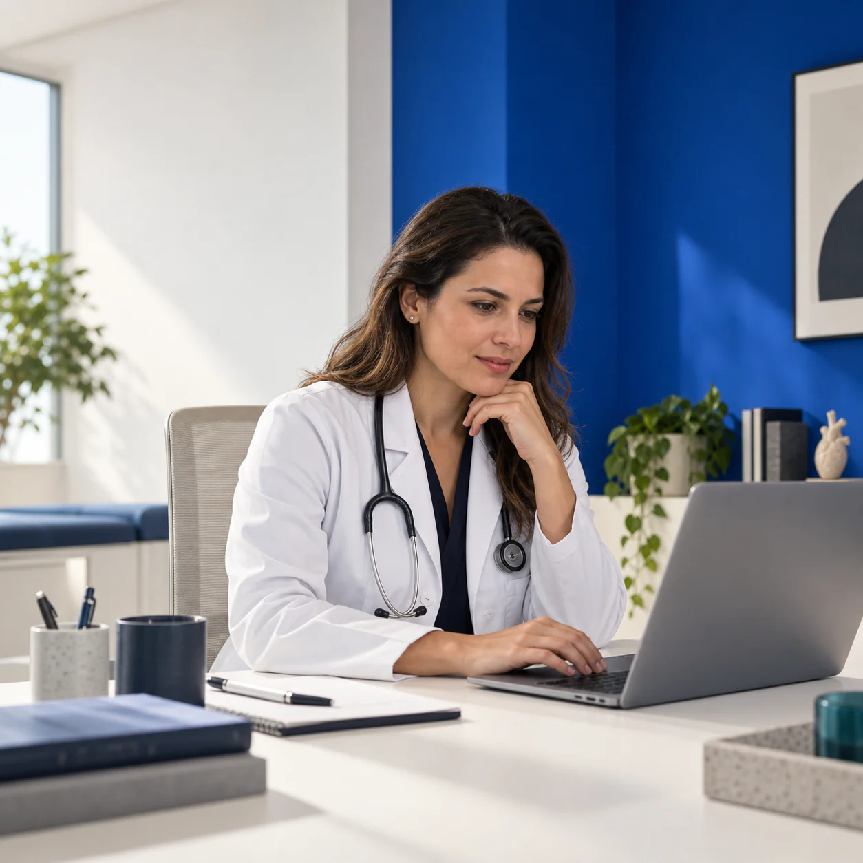 Cena ilustrativa de uma médica em teleconsulta em um consultório com elementos geométricos azuis e brancos